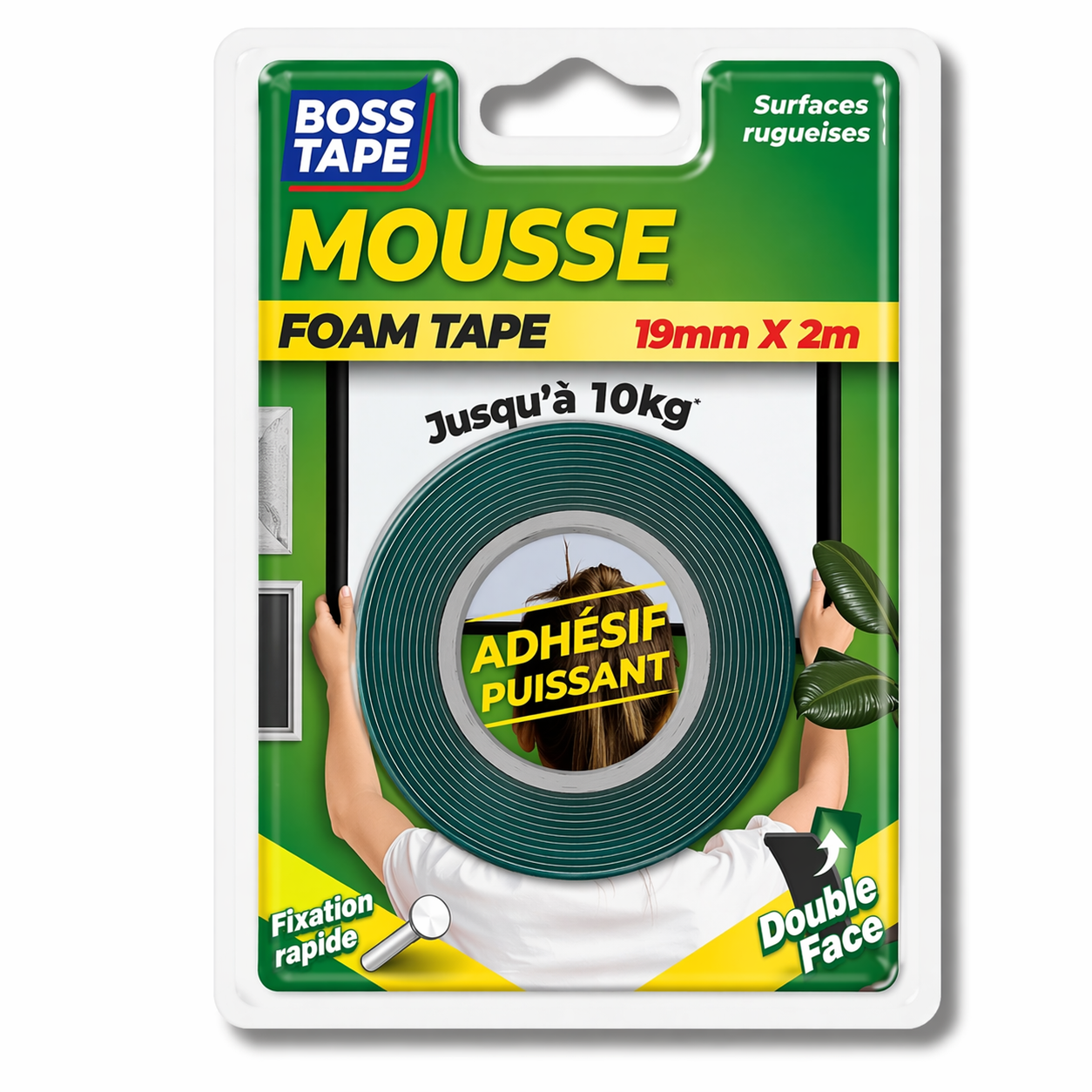 Ruban double face BOSS TAPE mousse 19mmx2m. Montage jusqu'à 10kg. Adhésion forte. Livraison Tunisie. Fixez !