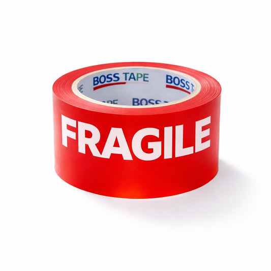 Ruban adhésif imprimé Fragile Boss Tape rouge 50mm x 66m – emballage sécurisé, e-commerce et logistique