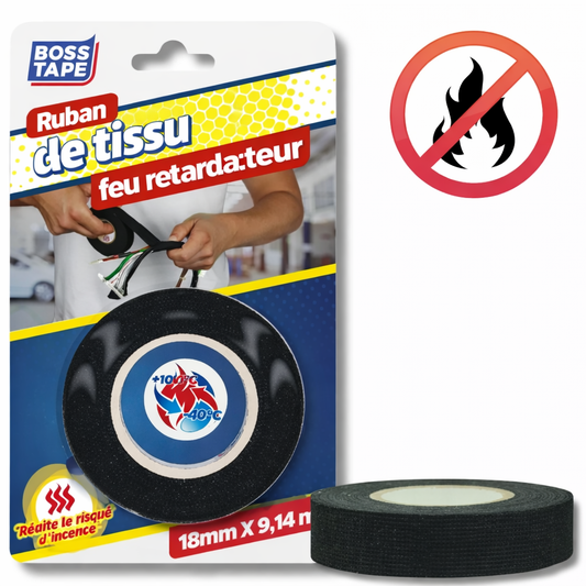 Ruban isolant tissu Boss Tape 18mm x 9,14m – câblage électrique, faisceaux automobile, résistant 130°C et humidité
