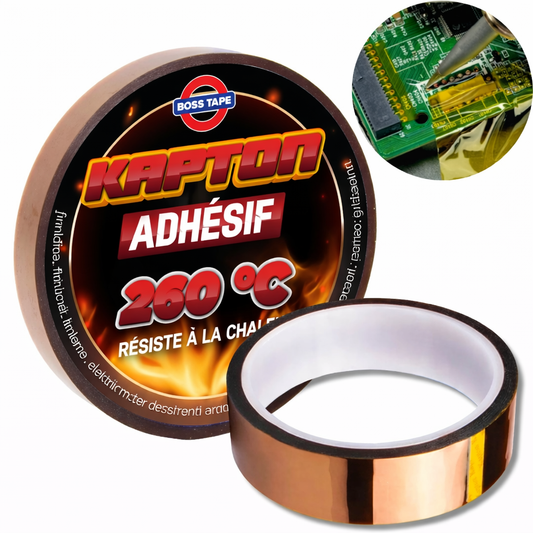 Ruban Kapton polyimide Boss Tape 260°C 9mm x 33m – protection circuits imprimés PCB, soudure, impression 3D et applications haute température
