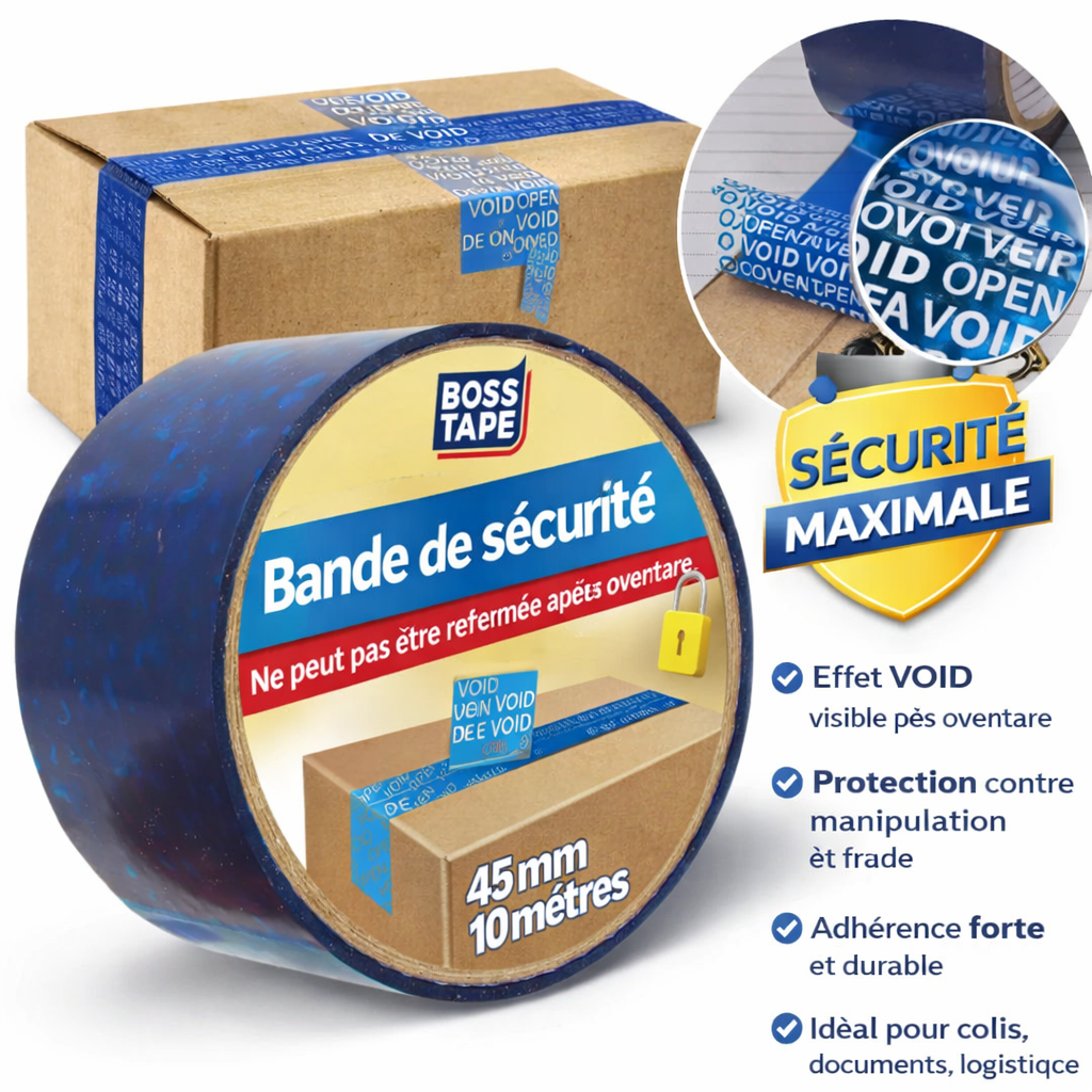 Ruban Open Void Boss Tape bleu 45mm x 10m – sécurité inviolable pour colis, e-commerce et logistique
