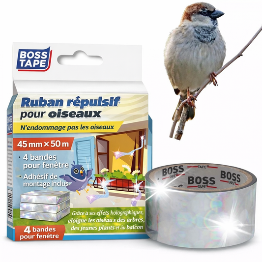 Ruban réfléchissant anti-oiseaux Boss Tape 45mm x 50m – répulsif écologique jardins, vergers, potagers et cultures sans danger
