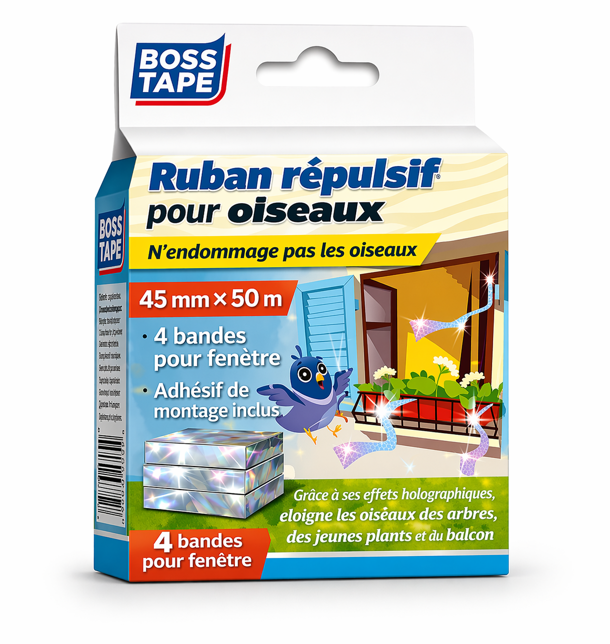 Ruban réfléchissant BOSS TAPE anti-oiseaux 45mmx50m répulsif écologique. Protection jardins, cultures. Livraison Tunisie !