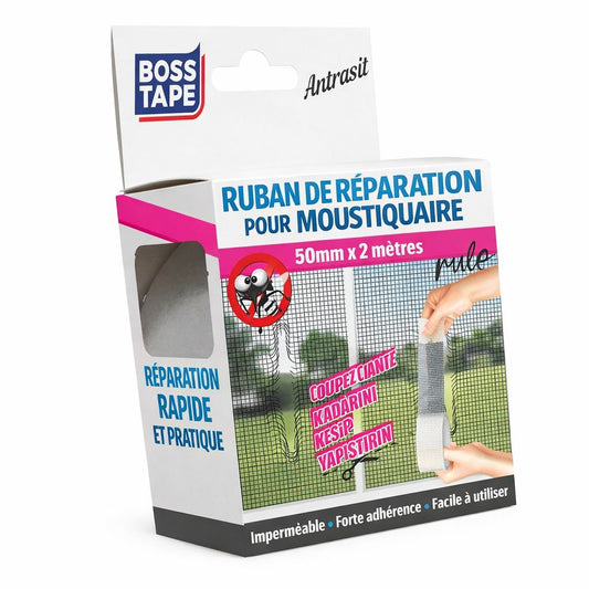 Ruban réparation moustiquaire BOSS TAPE 50mm x 2m autocollant. Répare trous et déchirures facilement. Discret et durable. SQES Ariana Menzah 8 Tunisie.