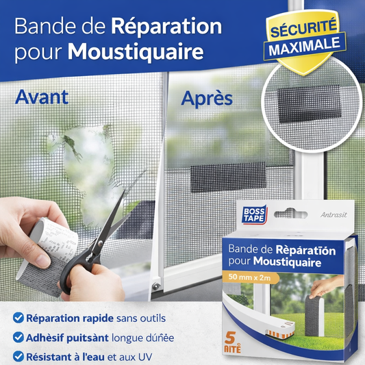 Ruban réparation moustiquaire Boss Tape 50mm x 2m – auto-adhésif, répare trous et déchirures fenêtre et porte
