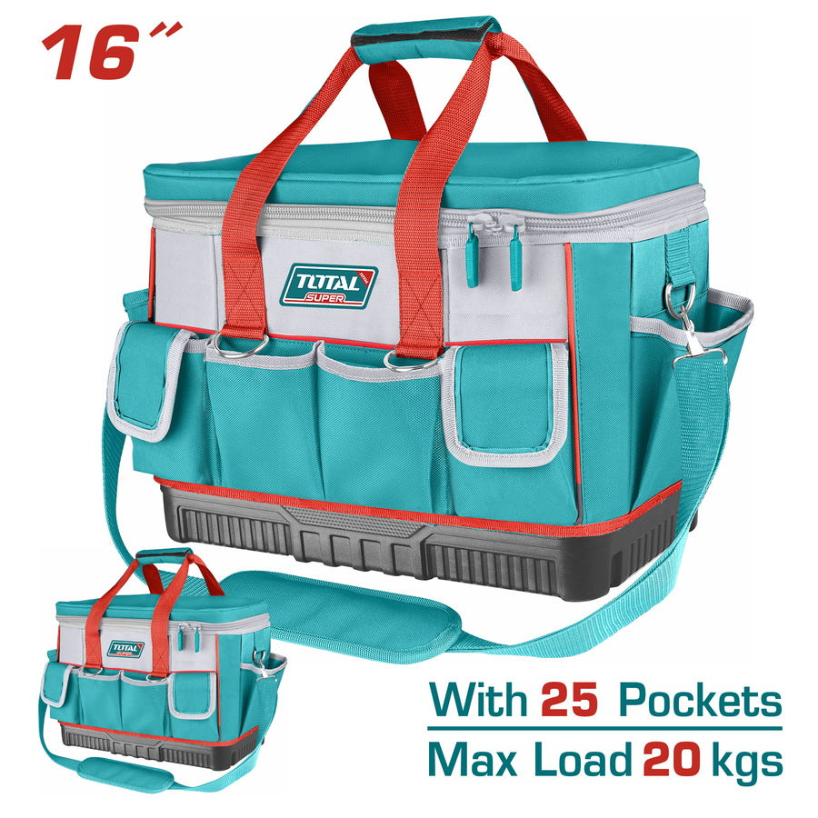 Sac à outils TOTAL THT561625 16" – 25 poches, polyester 600D/1680D, base plastique renforcée, charge max 20kg, 46x23x33cm, bandoulière réglable
