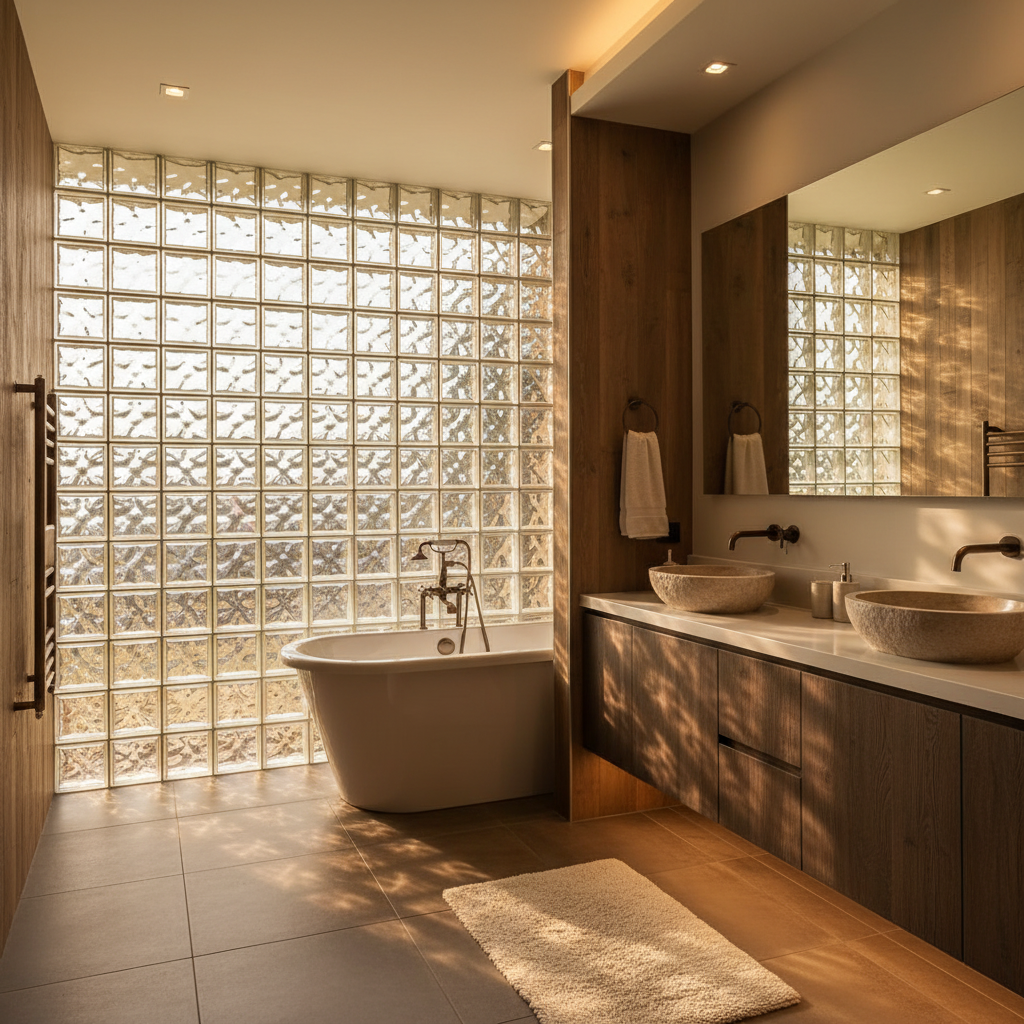 Salle de bain avec briques de verre marron
