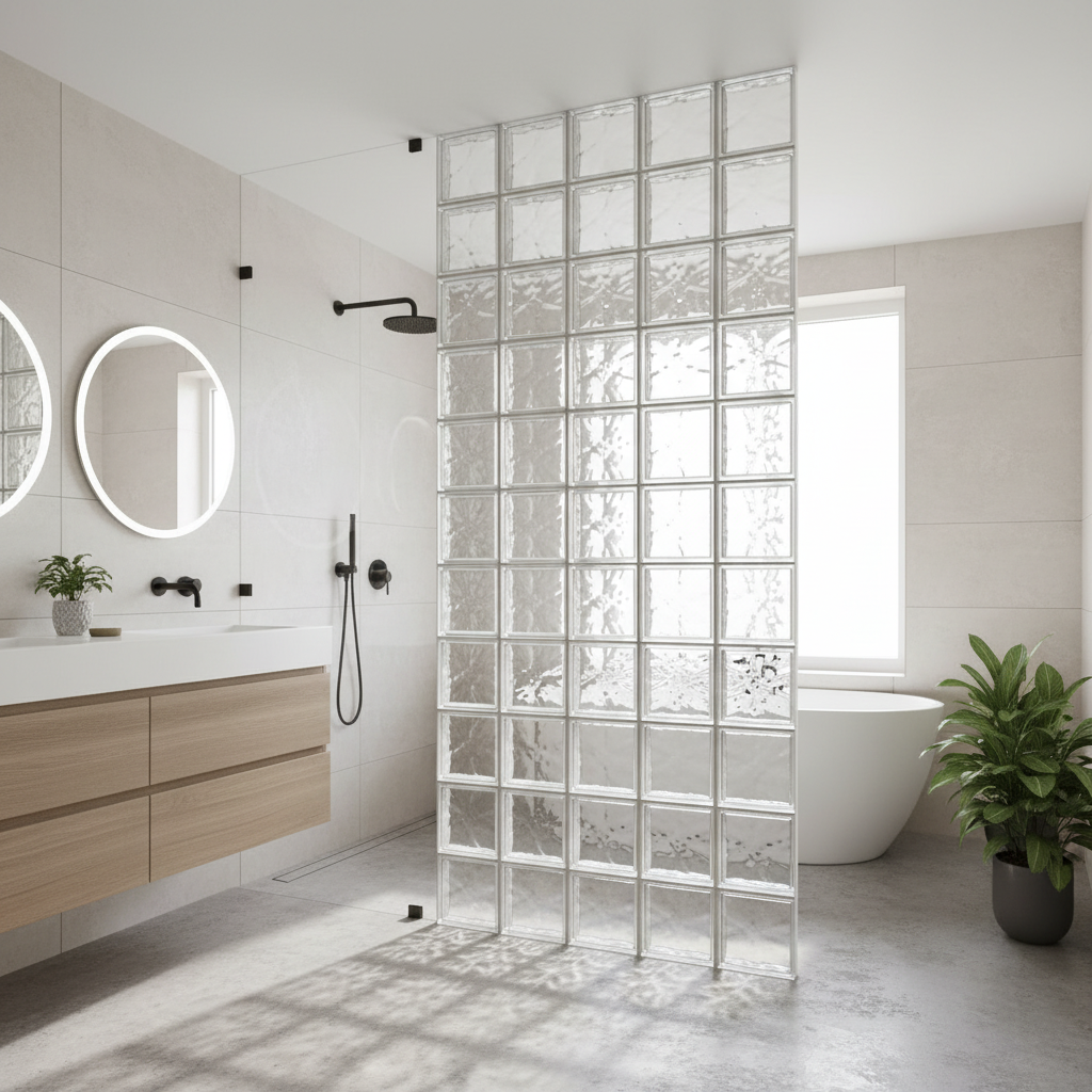 Salle de bain avec mur de briques de verre