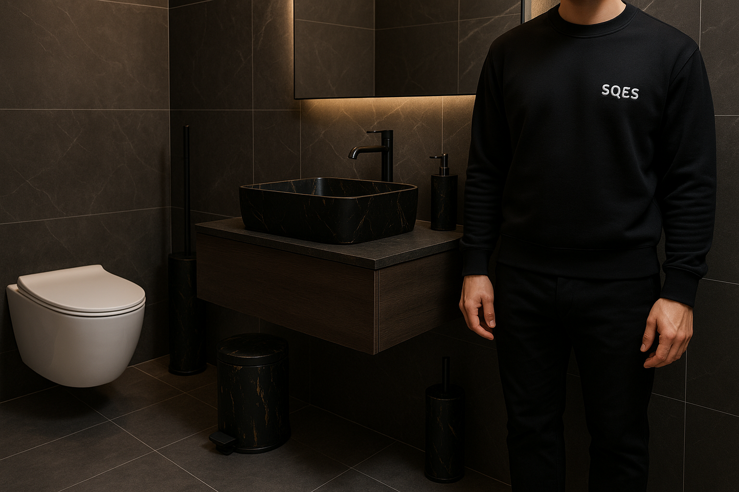 Salle de bain luxe avec ensemble marbre noir - format carré