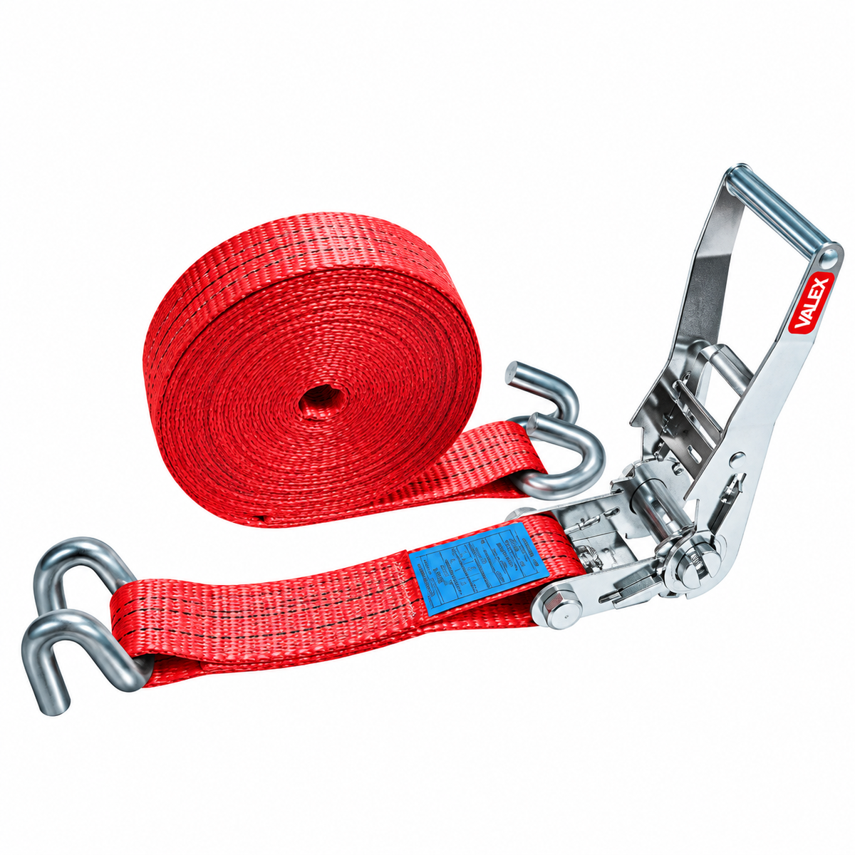 Sangle d’arrimage VALEX 1961138 polyester, 9 m × 50 mm, tendeur à cliquet avec crochets et résistance maximale annoncée de 2 000 kg.