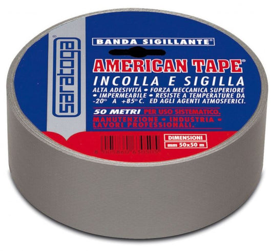 Ruban adhésif toilé SARATOGA American Tape gris 50 mm x 50 m, rouleau original avec étiquette bleue et rouge