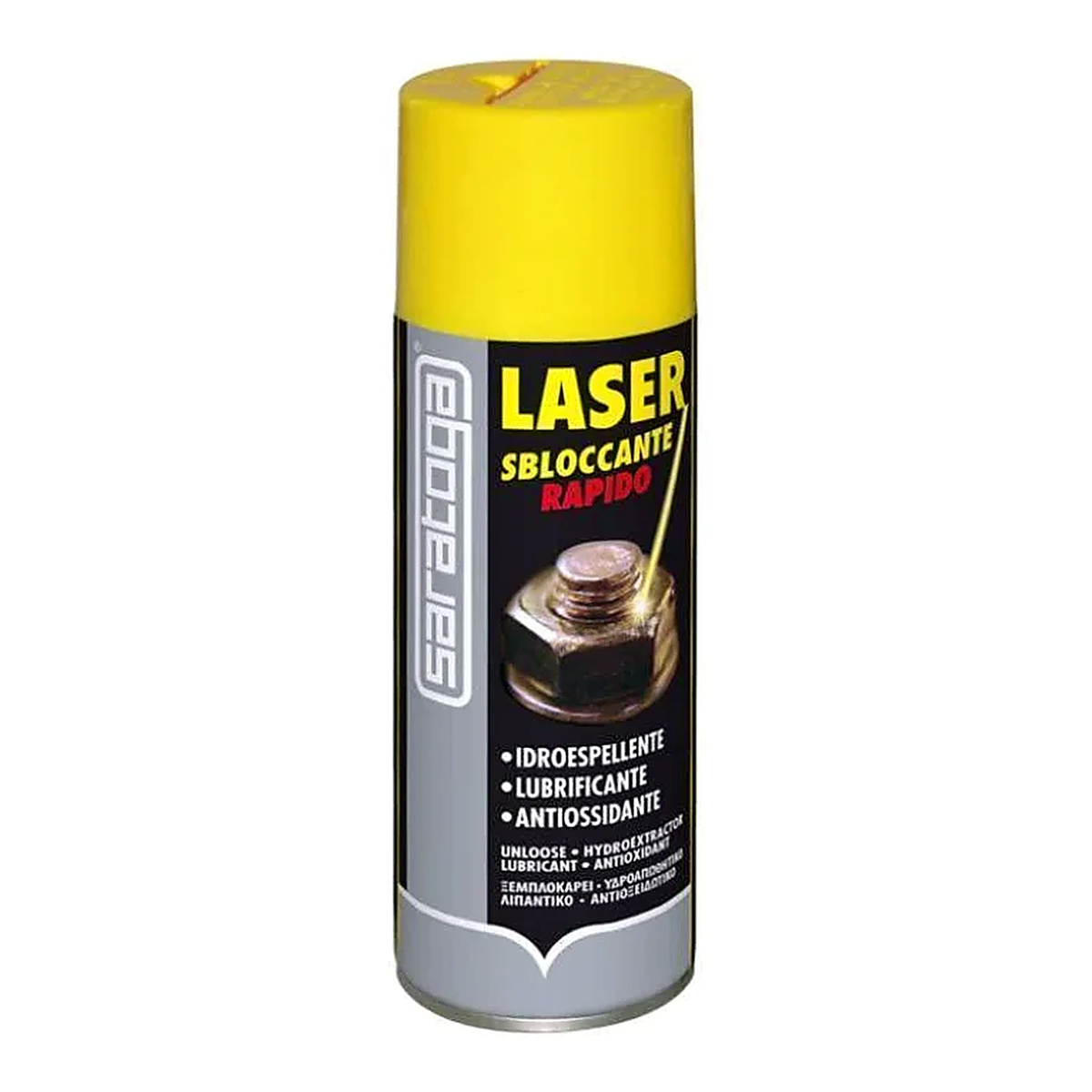 Dégrippant SARATOGA Laser Sbloccante Rapido, bombe aérosol jaune et noire, photo du produit fourni
