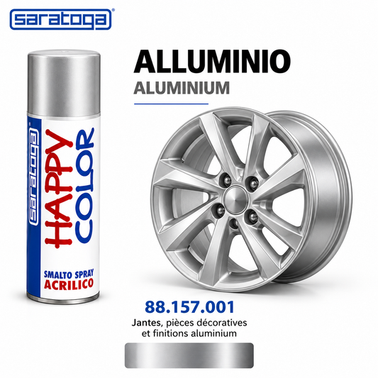 Spray peinture SARATOGA Happy Color aluminium finition metallique 400 ml, référence 157.001 et rendu de couleur – illustration