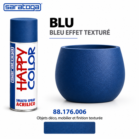 Spray peinture SARATOGA Happy Color bleu effet texture 400 ml, référence 176.006 et rendu de couleur – illustration