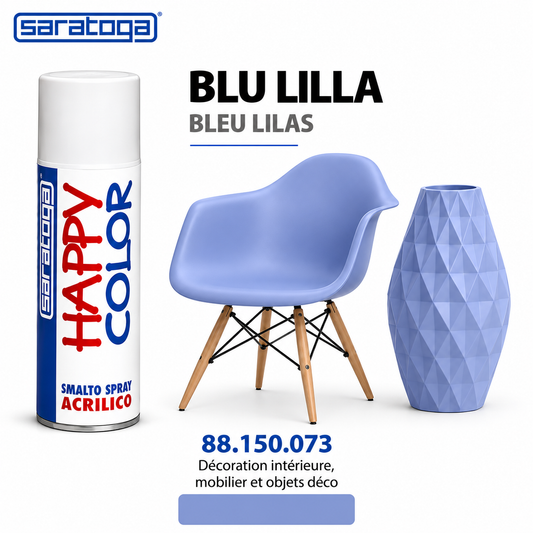 Spray peinture SARATOGA Happy Color bleu lilas 400 ml, référence 150.073 et rendu de couleur – illustration