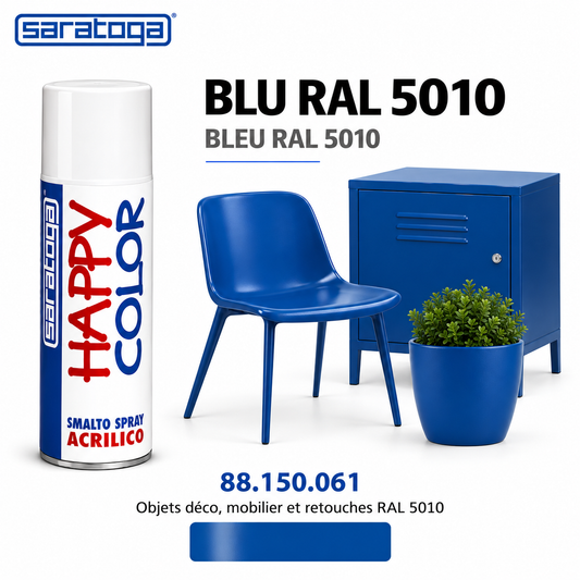Spray peinture SARATOGA Happy Color bleu ral 5010 400 ml, référence 150.061 et rendu de couleur – illustration