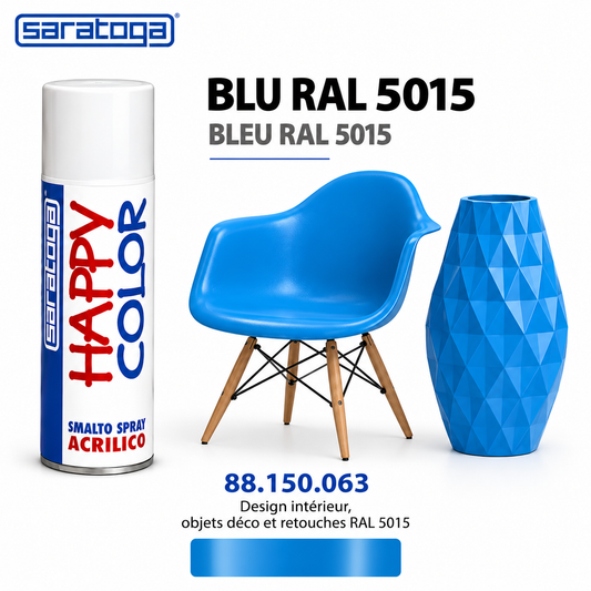 Spray SARATOGA Happy Color bleu ral 5015 400 ml, référence 150.063, échantillon de couleur et mise en situation – illustration