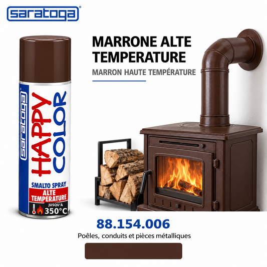 Spray peinture SARATOGA Happy Color marron haute température 400 ml réf. 154.006, résistance jusqu'à 350°C, visuel illustratif