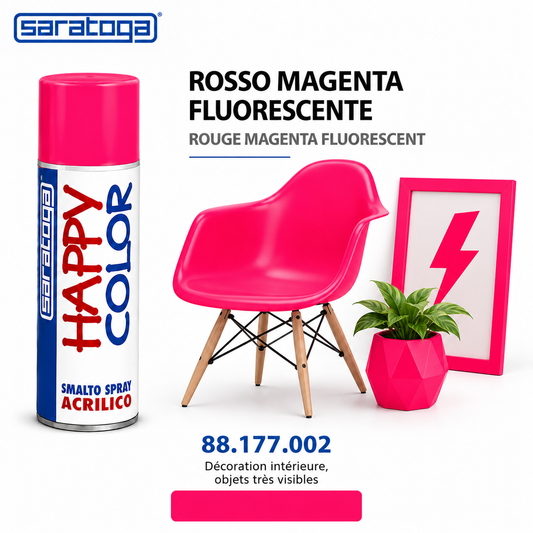 Spray SARATOGA Happy Color rouge magenta fluorescent 400 ml référence 177.002, rendu sur chaise et décoration – visuel illustratif