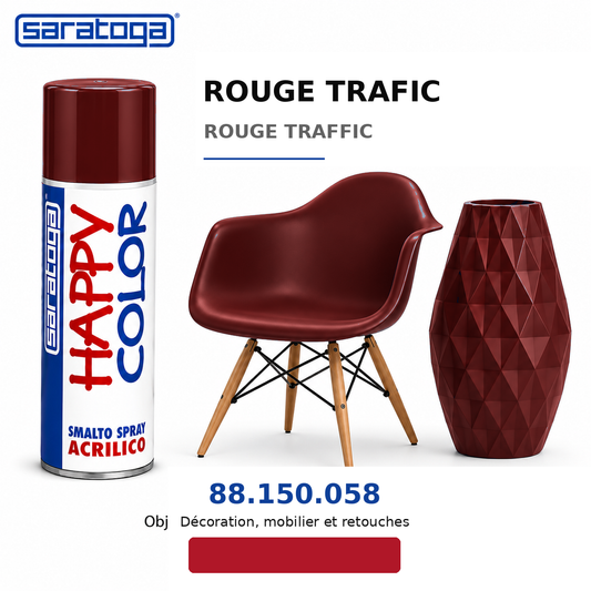 Spray SARATOGA Happy Color rouge trafic 400 ml, référence 150.058, échantillon de couleur et mise en situation – illustration