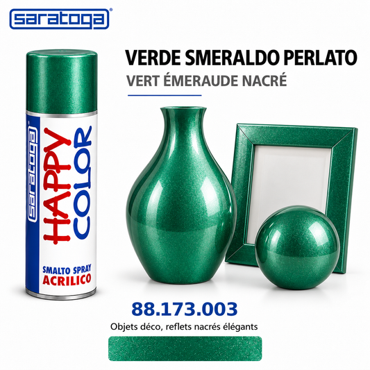Spray SARATOGA Happy Color vert émeraude nacré Perlato 400 ml référence 173.003, effet sur objets décoratifs – visuel illustratif