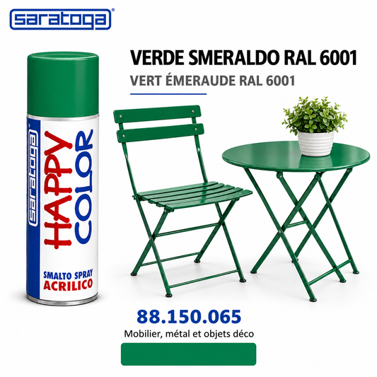 Spray SARATOGA Happy Color vert émeraude RAL 6001 400 ml référence 150.065, exemple de mobilier peint – visuel illustratif