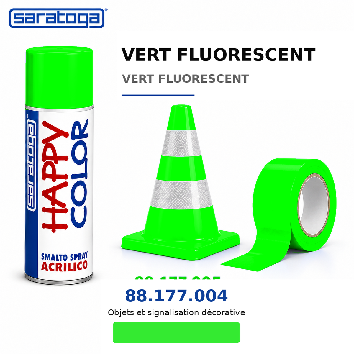 Spray SARATOGA Happy Color vert fluorescent 400 ml, référence 177.004, échantillon de couleur et mise en situation – illustration