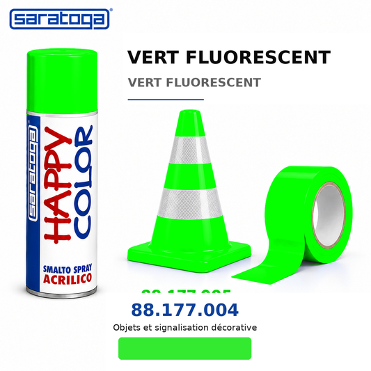 Spray SARATOGA Happy Color vert fluorescent 400 ml, référence 177.004, échantillon de couleur et mise en situation – illustration