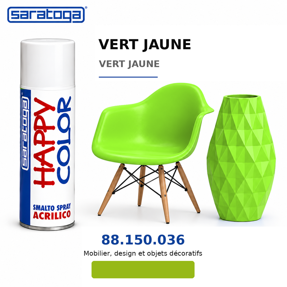 Spray SARATOGA Happy Color vert jaune 400 ml, référence 150.036, échantillon de couleur et mise en situation – illustration