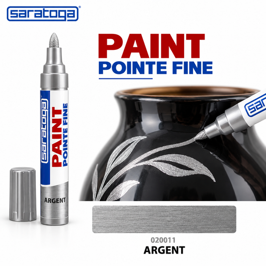 Marqueur peinture SARATOGA Paint Argent pointe fine, décoration argentée sur vase noir — visuel illustratif