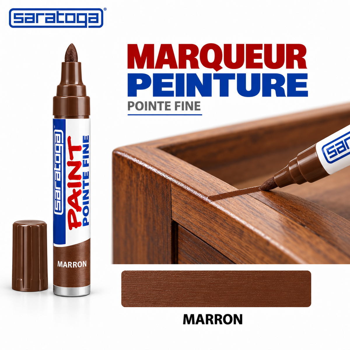 Marqueur peinture SARATOGA Paint Marron pointe fine, décoration sur meuble en bois et échantillon marron — illustration