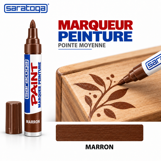 Marqueur peinture SARATOGA Paint Marron pointe moyenne, dessin marron sur bois et échantillon de couleur — illustration