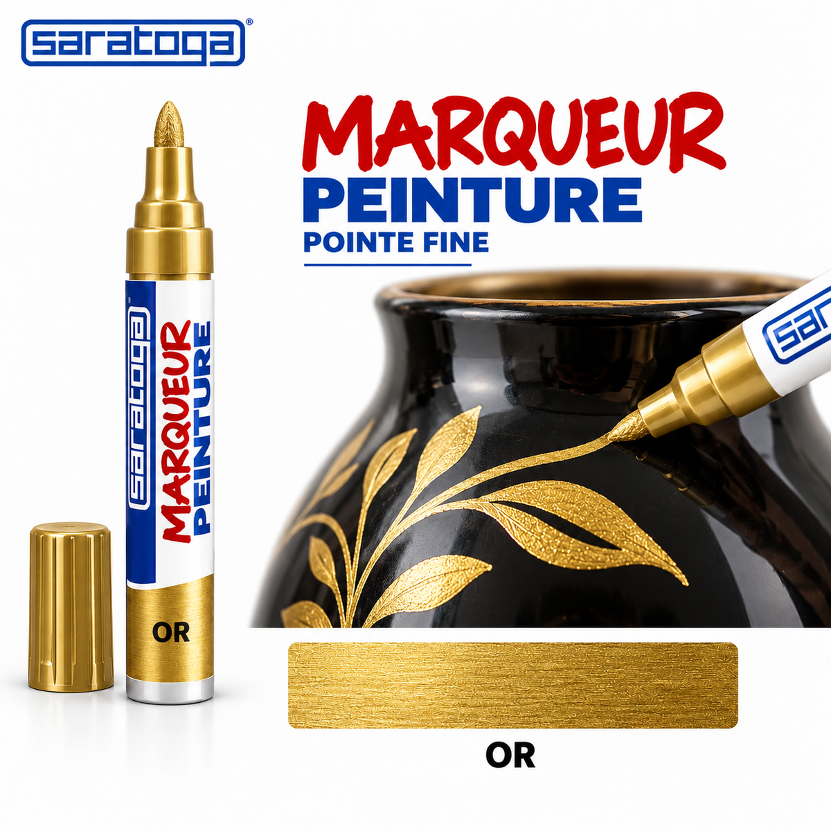 Marqueur peinture SARATOGA Paint Or pointe fine, décoration dorée sur vase noir avec nuancier — illustration