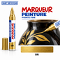 Marqueur peinture SARATOGA Paint Or pointe fine, décoration dorée sur vase noir avec nuancier — illustration