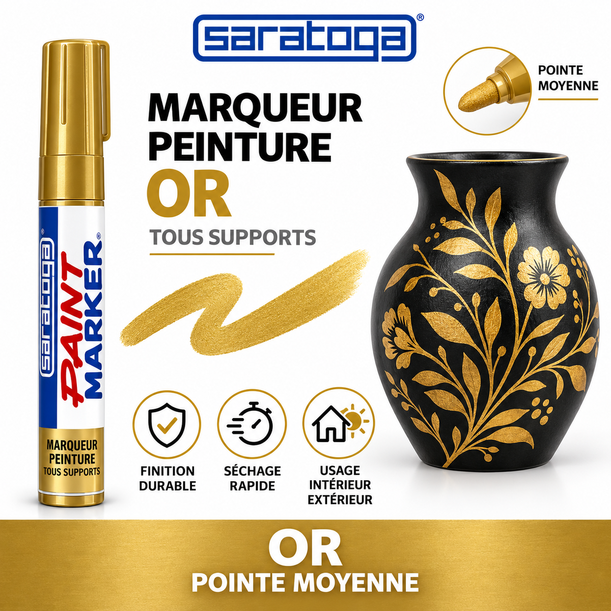 Marqueur peinture SARATOGA Paint Or pointe moyenne, décoration dorée sur vase noir, échantillon de teinte — visuel illustratif