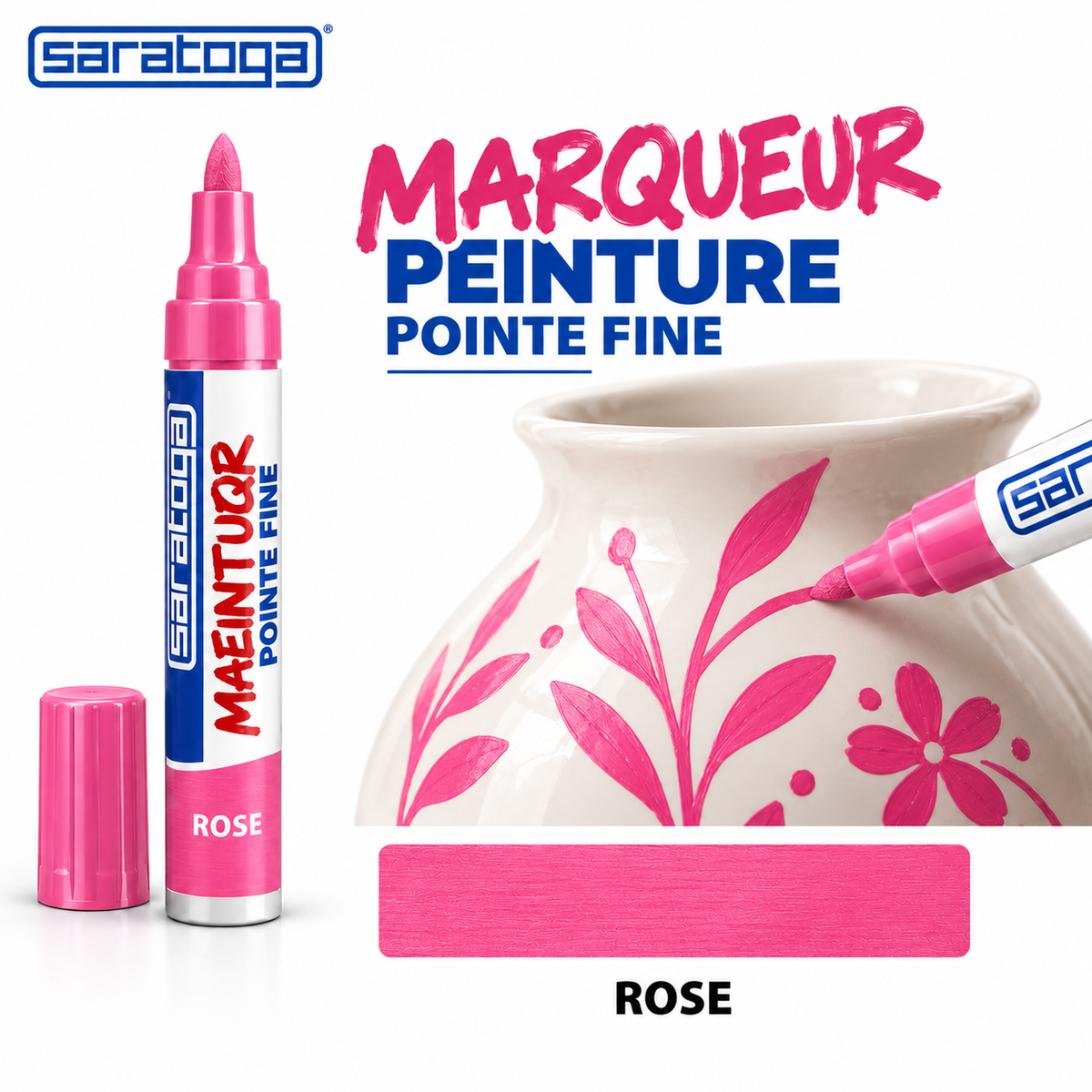 Marqueur peinture SARATOGA Paint Rose pointe fine, décoration florale rose sur vase blanc — illustration