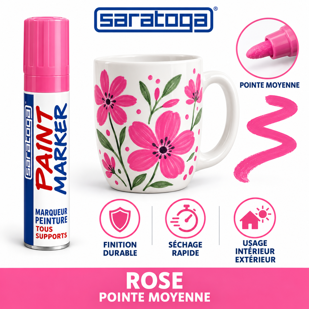 Marqueur peinture SARATOGA Paint Rose pointe moyenne, dessin floral rose sur mug blanc — visuel illustratif