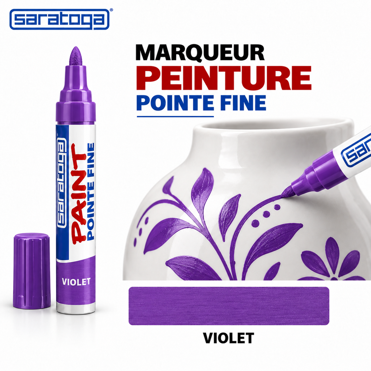 Marqueur peinture SARATOGA Paint Violet pointe fine, décoration sur vase blanc et échantillon violet — illustration