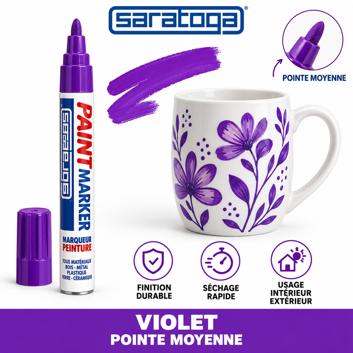 Marqueur peinture SARATOGA Paint Violet pointe moyenne, décoration florale sur tasse blanche — visuel illustratif