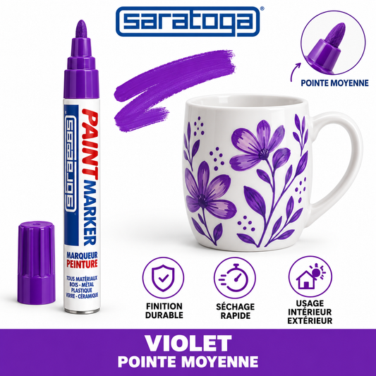 Marqueur peinture SARATOGA Paint Violet pointe moyenne, décoration florale sur tasse blanche — visuel illustratif