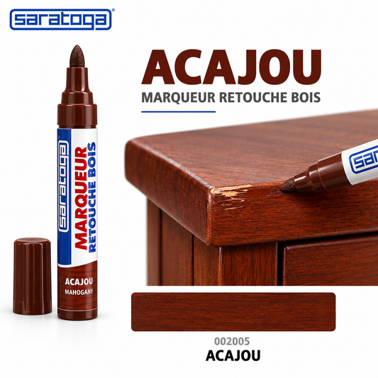 Marqueur retouche bois SARATOGA Acajou réf. 002005, retouche des rayures sur meuble en bois — visuel illustratif