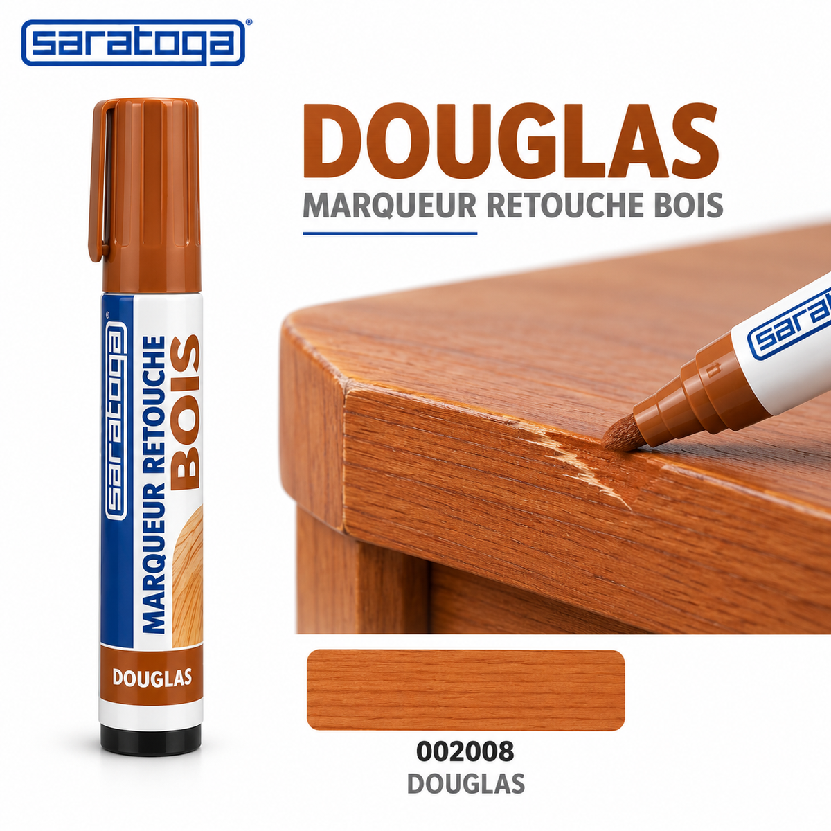 Marqueur retouche bois SARATOGA Douglas réf. 002008, retouche sur mobilier bois couleur Douglas — visuel illustratif