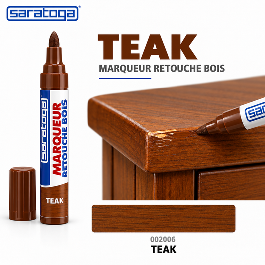 Marqueur retouche bois SARATOGA Teak réf. 002006, retouche d'une table bois couleur teck — visuel illustratif