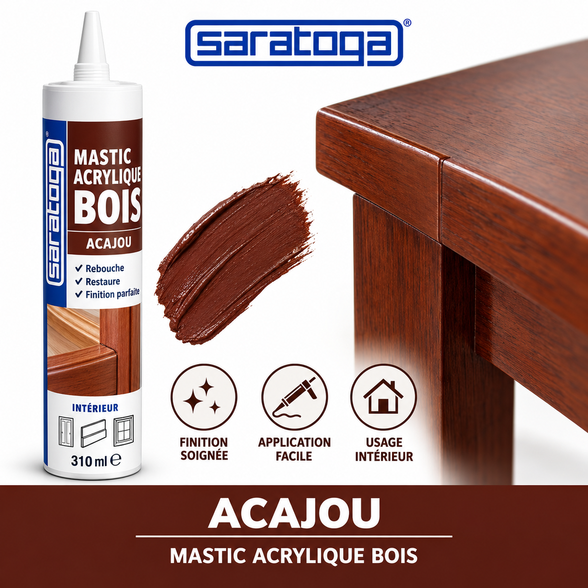 Mastic acrylique bois SARATOGA Acajou 310 ml référence 272.003, exemple de finition sur meuble en bois — visuel illustratif