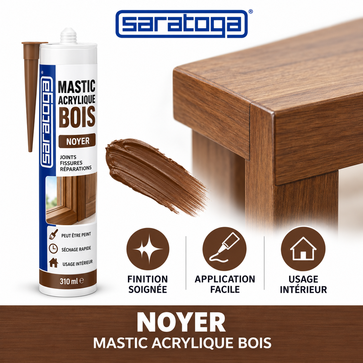 Mastic acrylique bois SARATOGA Noyer 310 ml référence 272.004, joint de finition sur meuble couleur noyer — visuel illustratif