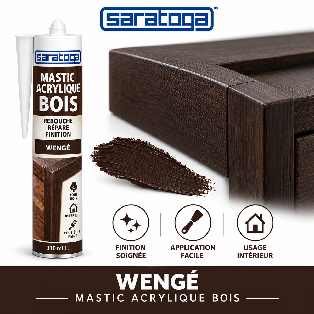 Mastic acrylique bois SARATOGA Wengé 310 ml référence 272.007, finition de joint sur meuble en bois foncé — visuel illustratif