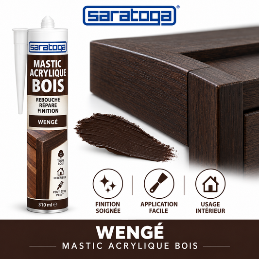 Mastic acrylique bois SARATOGA Wengé 310 ml référence 272.007, finition de joint sur meuble en bois foncé — visuel illustratif