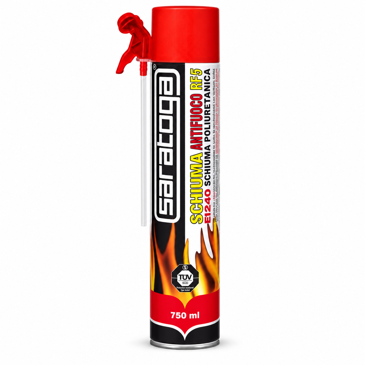 Mousse expansive anti-feu SARATOGA Schiuma Antifuoco RF5 750 ml, bombe aérosol à capuchon rouge, visuel illustratif