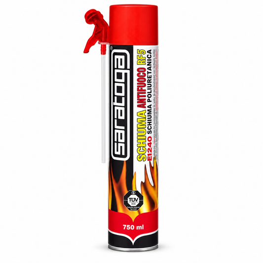 Mousse expansive anti-feu SARATOGA Schiuma Antifuoco RF5 750 ml, bombe aérosol à capuchon rouge, visuel illustratif