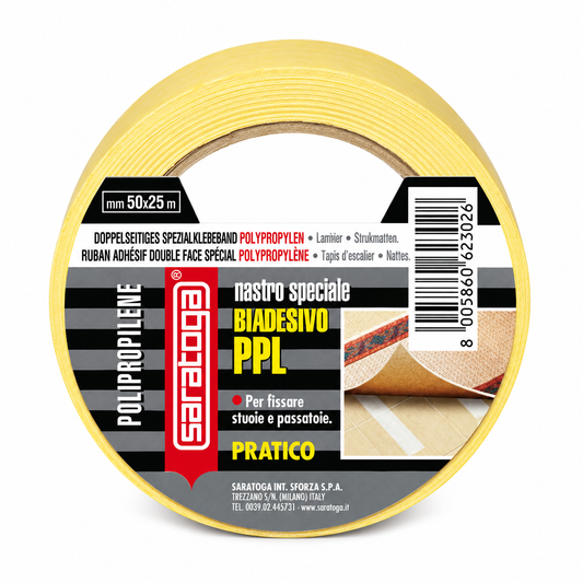 Ruban double face SARATOGA Biadesivo PPL, largeur 50 mm et longueur 25 m, rouleau jaune, visuel illustratif
